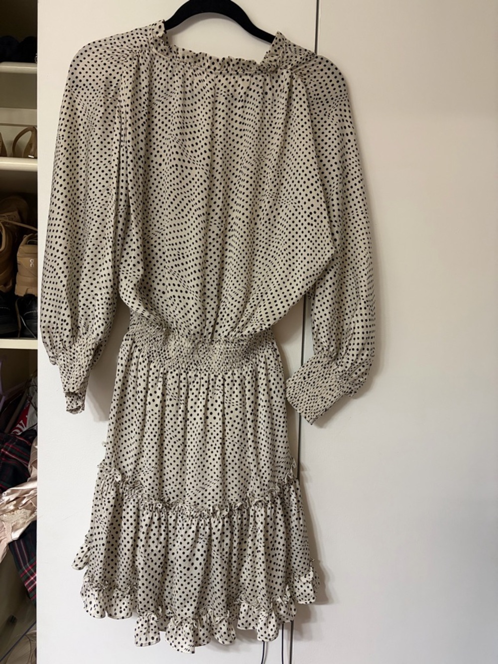 lovestitch Cream Polka Dot Long Sleeve Smocked Mini Dress - Picture 6 of 7